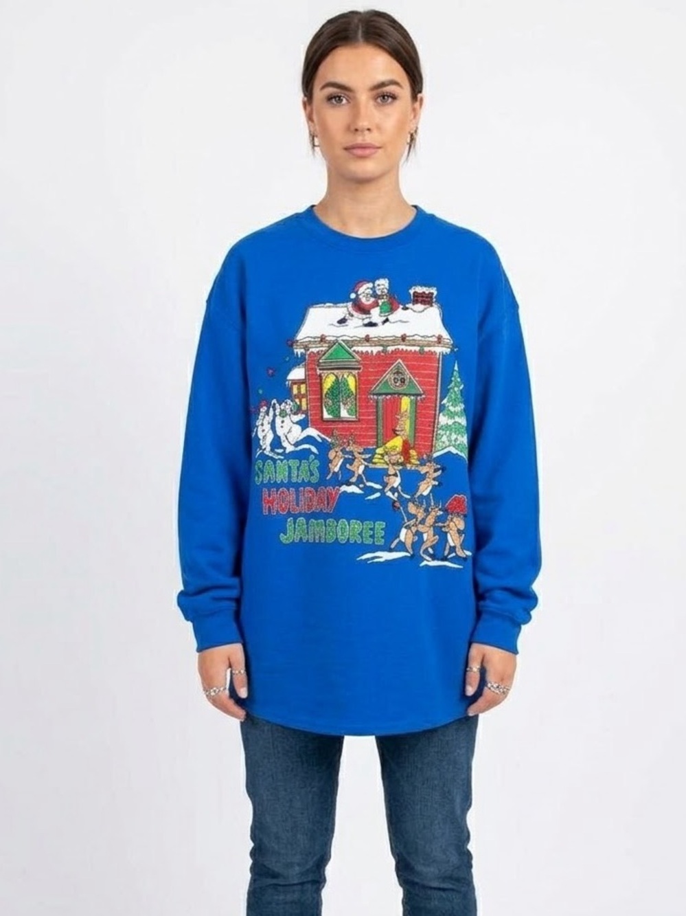 Vintage Ugly Christmas Sweater Santa Long Sweatshirt Nightgown Kitschy Nostalgic